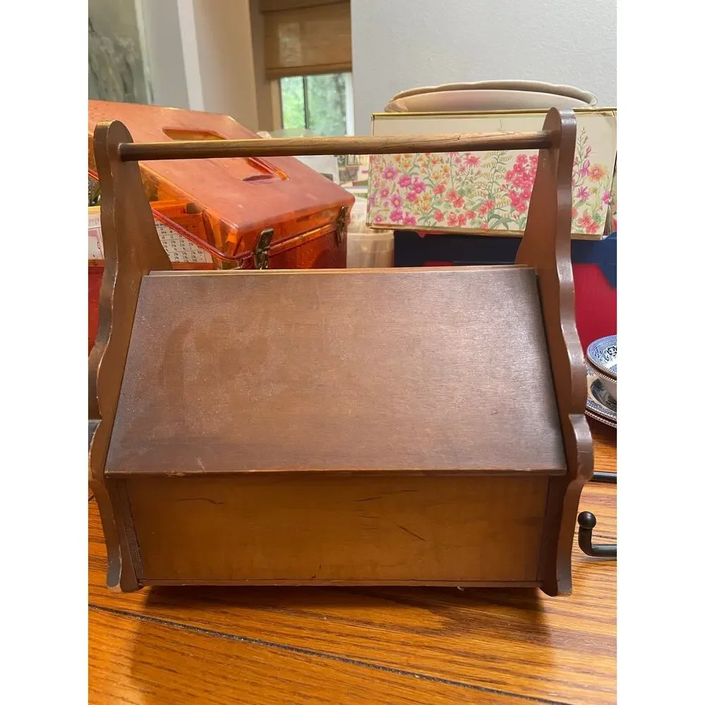 Vintage Wooden Sewing Box Magazine Rack Letter Holder Fold Down Lid Cottage